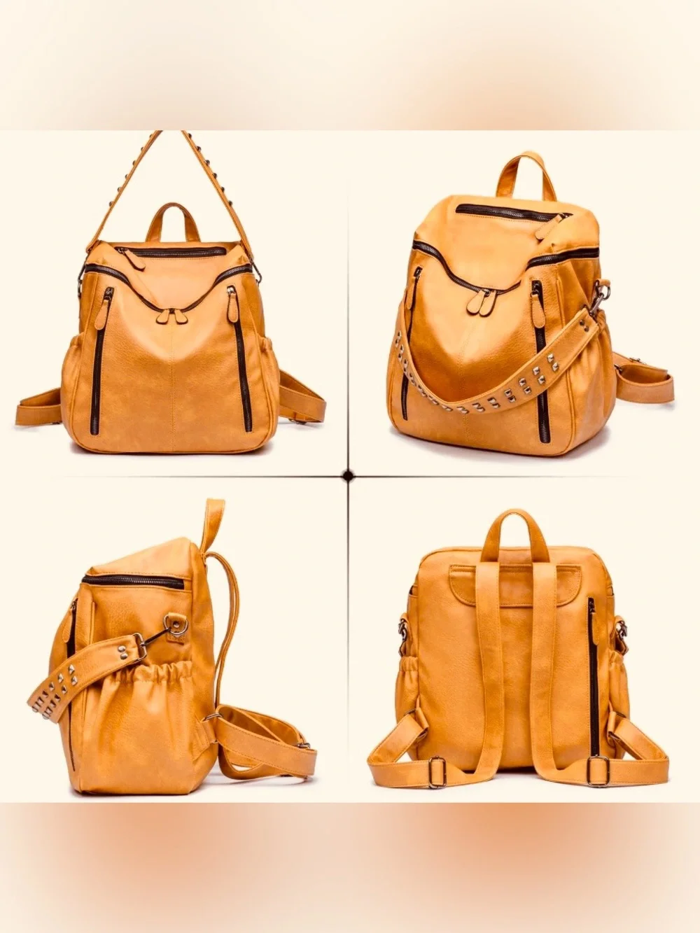 Stud-Accent Tan Vegan Leather Backpack